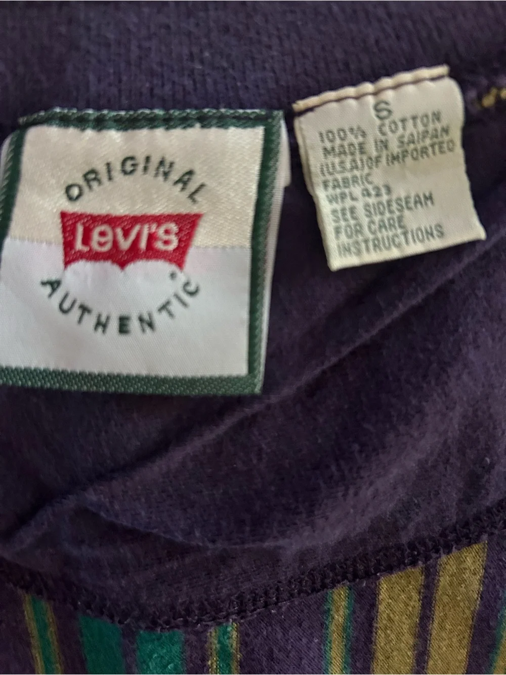 Vintage 90s Levis Vertical Stripe Henley Shirt Purple Green Gold Mens S